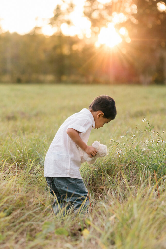 little boy looking at flowers in a field while the sun flares through the trees behind him
